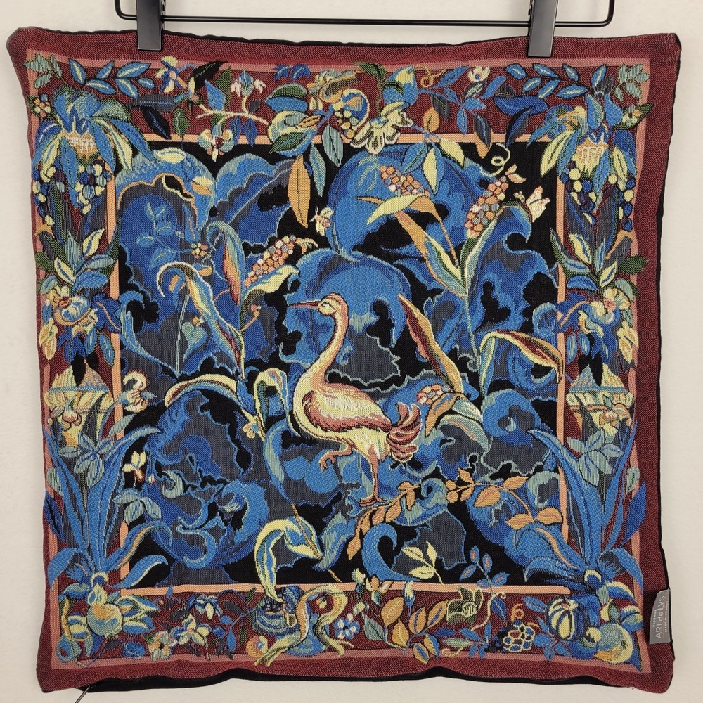 ART de LYS Woven Tapestry Pillow Cover 19" Blue Animals with Aristoloches Heron